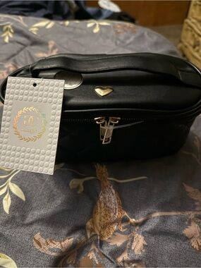 Black Quilted Cosmetic Case with Gold Heart Accent